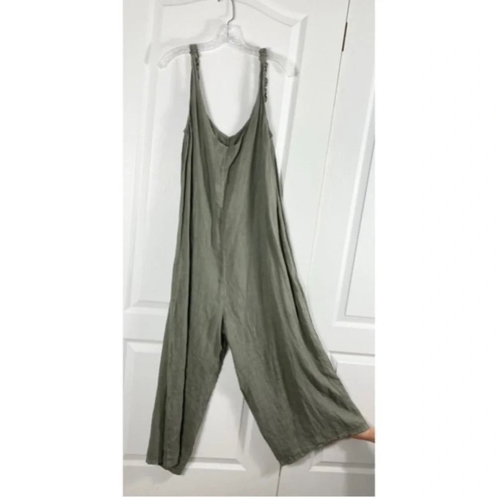 nwot BEACHWOOD BABY Jumpsuit One-Size Linen ITALY Olive Oversized Wide RuchStrap - Picture 3 of 11